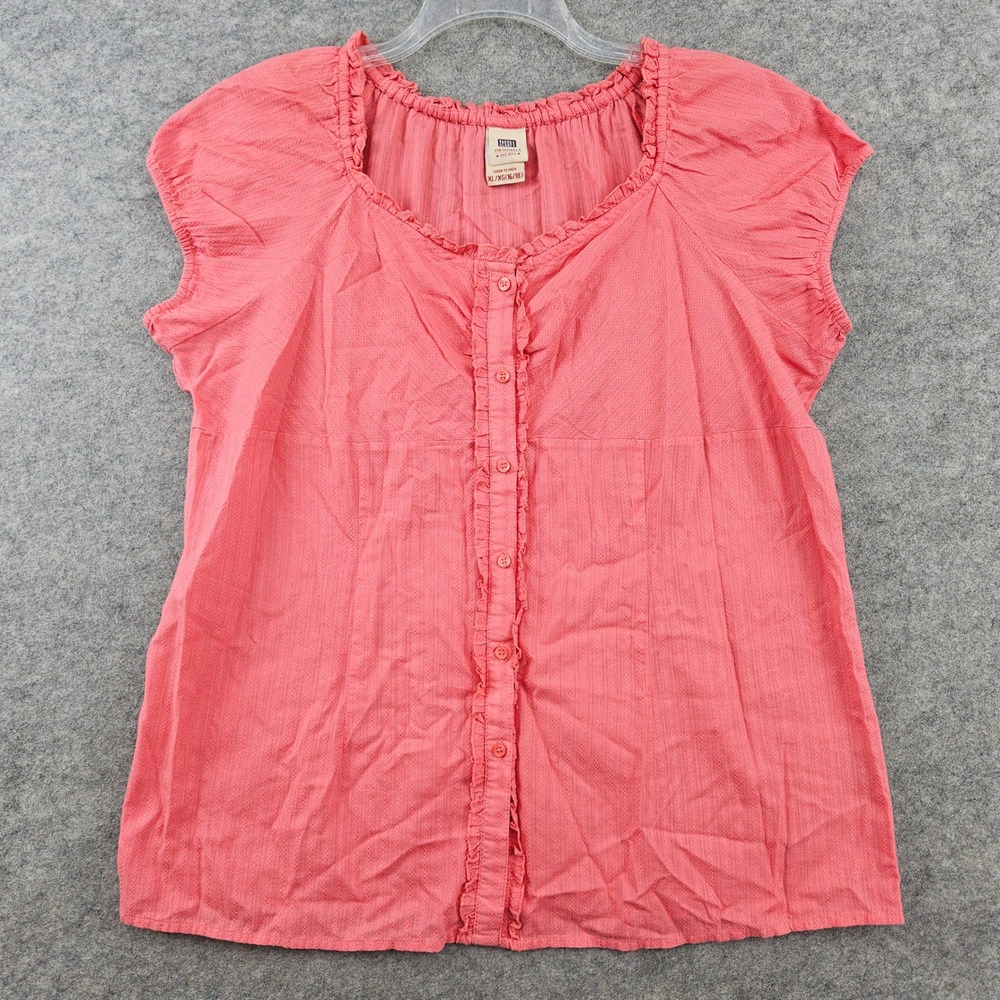 Faded Glory Originals Top Womens XL Pink Short Sleeve Ruffle Button Front Cotton